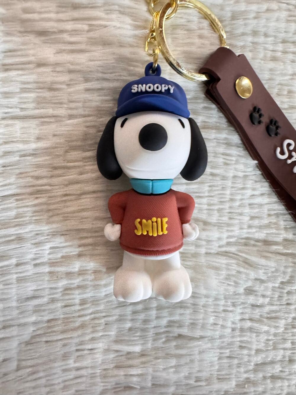 Snoopy with hat and sweater  keychain with brown  strap